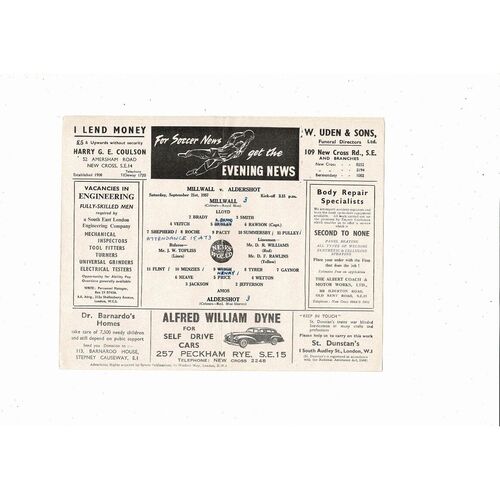 1957/58 Millwall v Aldershot Football Programme
