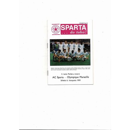 Sparta Prague v Olympique Marseille European Cup Football Programme 1991/92