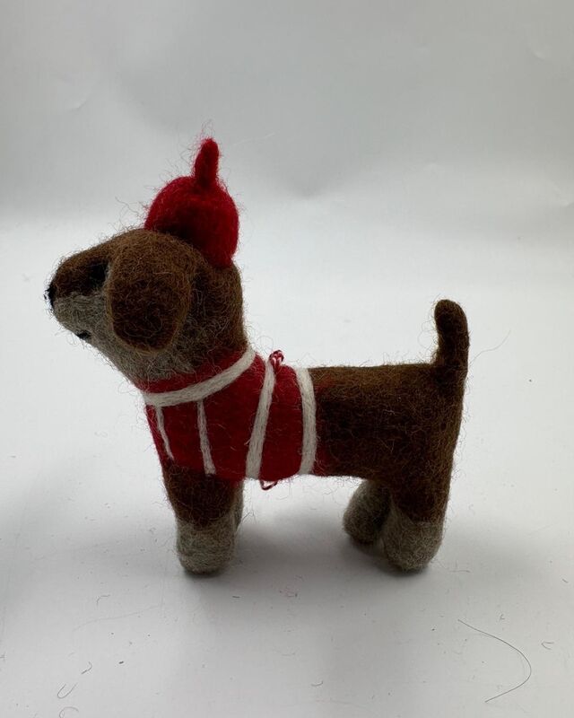 Brown dog with a red hat