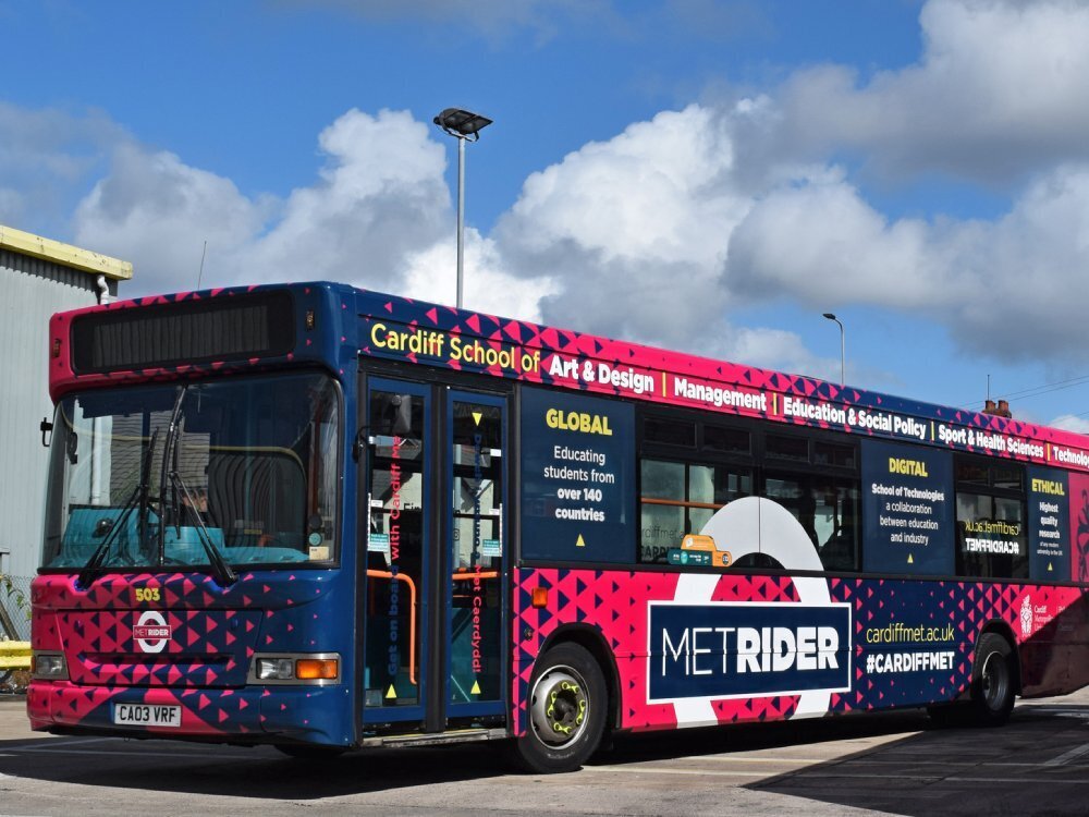 Cardiff Bus vehicle wrap and promotional graphics on Dennis Dart.