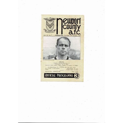 1958/59 Newport County v Bradford City Football Programme
