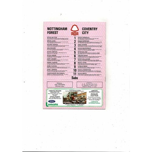 1989/90 Nottingham Forest v Coventry City League Cup Semi Final Football Programme