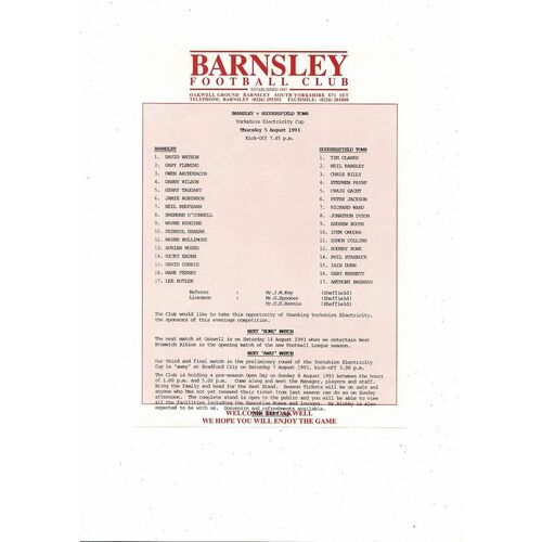 1993/94 Barnsley v Huddersfield Yorkshire Electricity Cup Football Programme