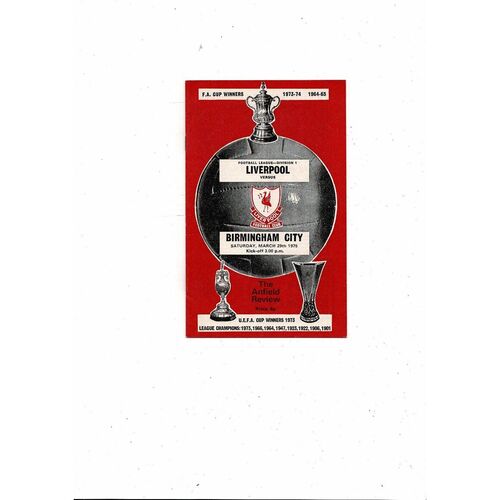 1974/75 Liverpool v Birmingham City Football Programme