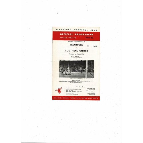 1965/66 Brentford v Southend United Football Programme