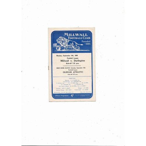 1958/59 Millwall v Darlington Football Programme
