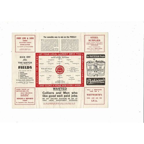 1956/57 Doncaster Rovers v Stoke City Football Programme