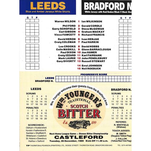 1989/90 Leeds v Bradford Northern (10/12/1989) Regal Trophy Second Round Rugby League Programme