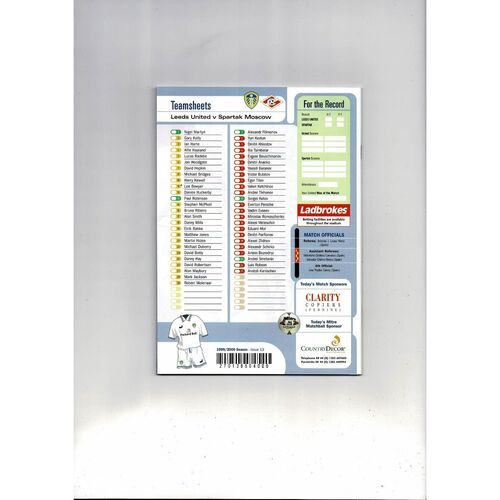 Leeds United v Spartak Moscow UEFA Cup Football Programme 1999/00