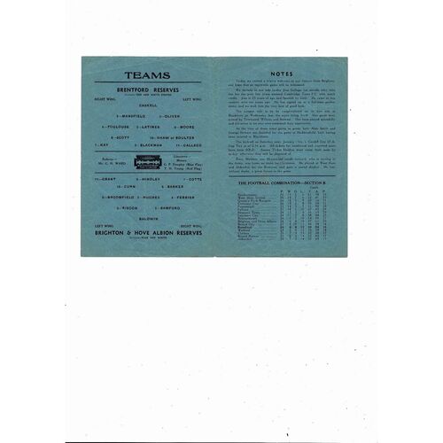 Brentford v Brighton Football Combination Programme 1946/47