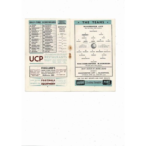 1954/55 Manchester City v Wolves Football Programme