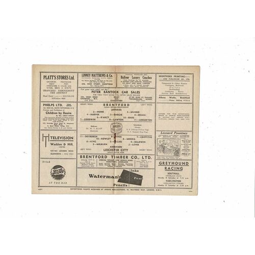 1952/53 Brentford v Leicester City Football Programme