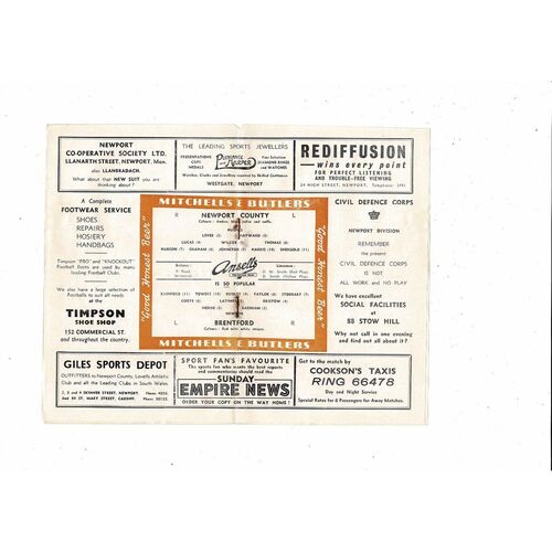 1954/55 Newport County v Brentford Football Programme