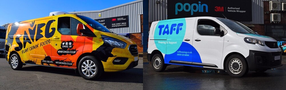 Side-by-side comparison of full wrap vs partial wrap business vans.