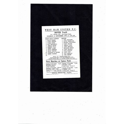 West Ham United v Dover FA Youth Cup Replay Football Programme 1979/80