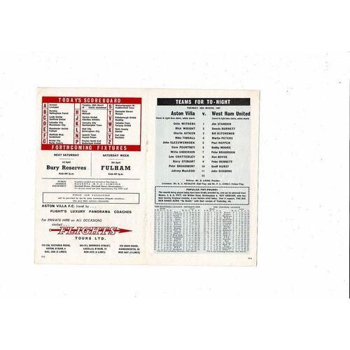 1966/67 Aston Villa v West Ham United & Derby County Reserves Double Football Programme