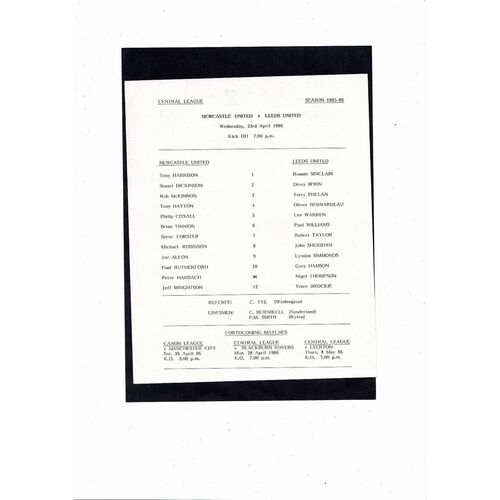 Newcastle United v Leeds United Central League Football Programme April 1985/86