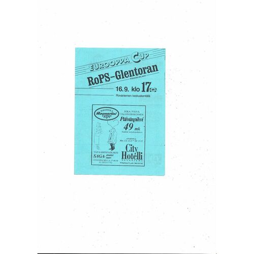 Rovaniemi v Glentoran European Cup Winners Cup Football Programme 1987/88