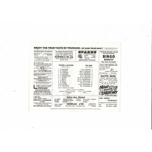 Tooting & Mitcham v The Army Friendly Football Programme 1966/67