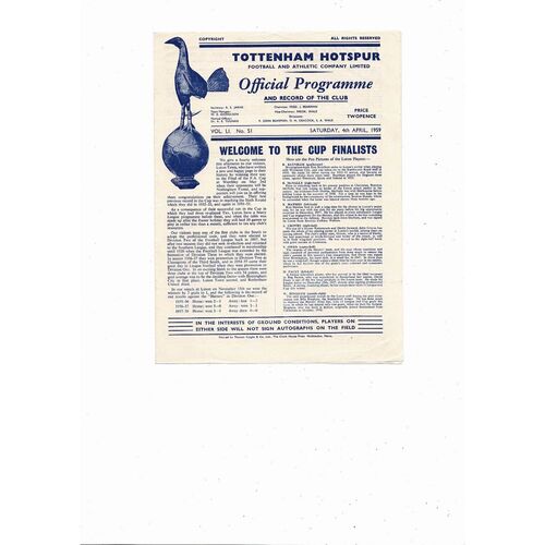 1958/59 Tottenham Hotspur v Luton Town Football Programme