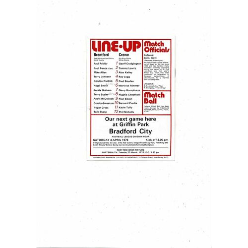1975/76 Brentford v Crewe Alexandra Football Programme