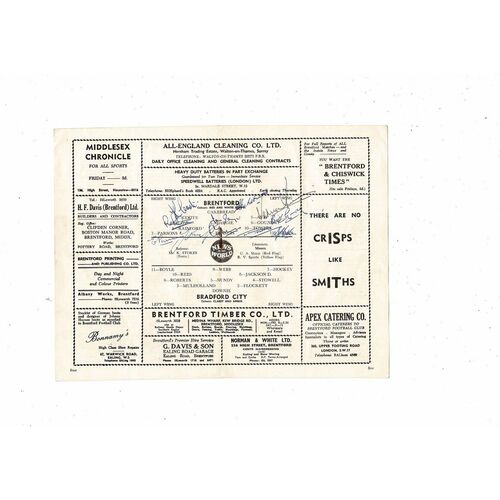 1959/60 Brentford v Bradford City Football Programme Autographed