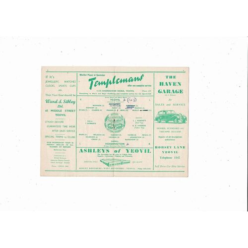 1954/55 Yeovil Town v Headington Southern League Football Programme