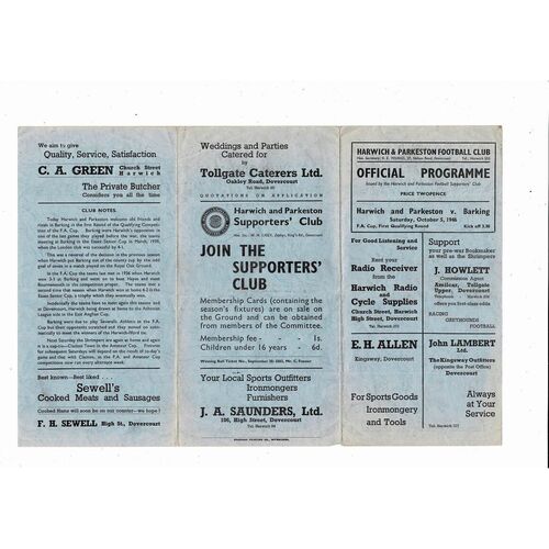 1946/47 Harwich & Parkeston v Barking FA Cup Football Programme