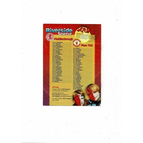 Middlesbrough v Manchester United Reserve League Football Programme 1999/00
