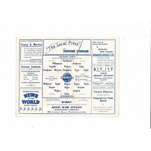 Southend United v Peterborough United Friendly Football Programme 1959/60