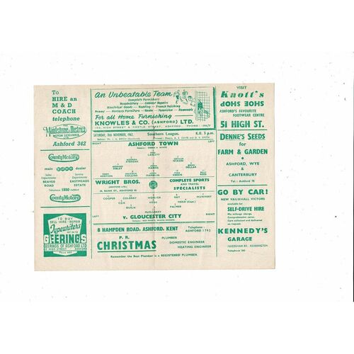 1962/63 Ashford Town (Kent) v Gloucester City Southern League Football Programme