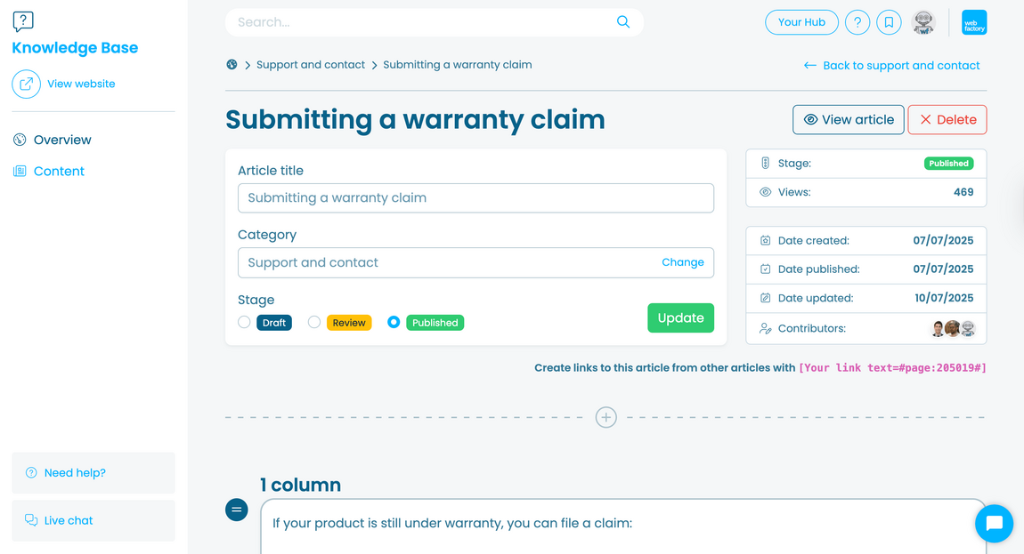 Knowledgebase editor showing review stages, updated and contributors