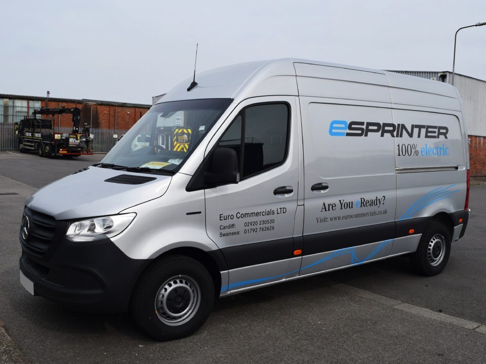 Mercedes-Benz eSprinter with promotional company branded vinyl graphics.
