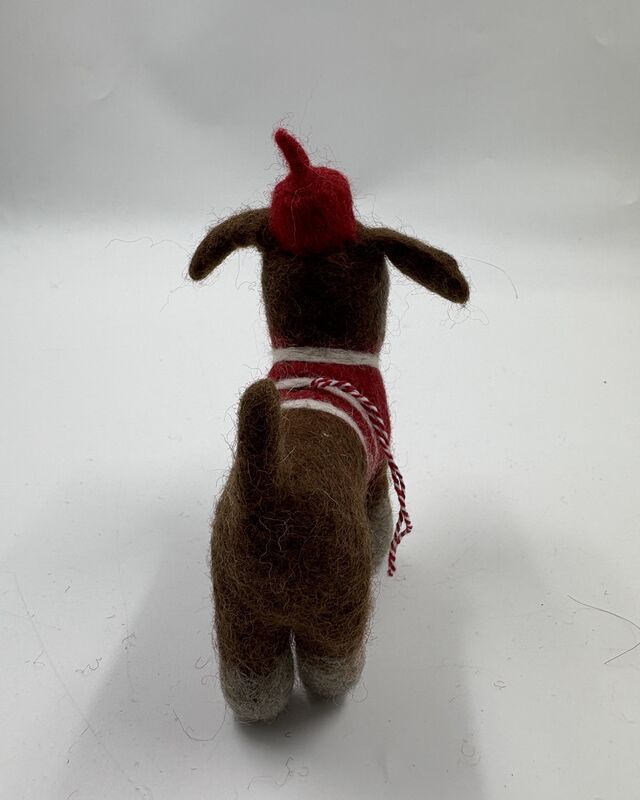 Brown dog with a red hat