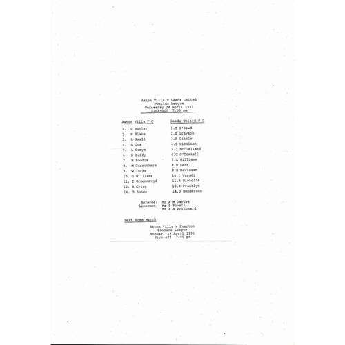 Aston Villa v Leeds United Reserves Football Programme 1990/91