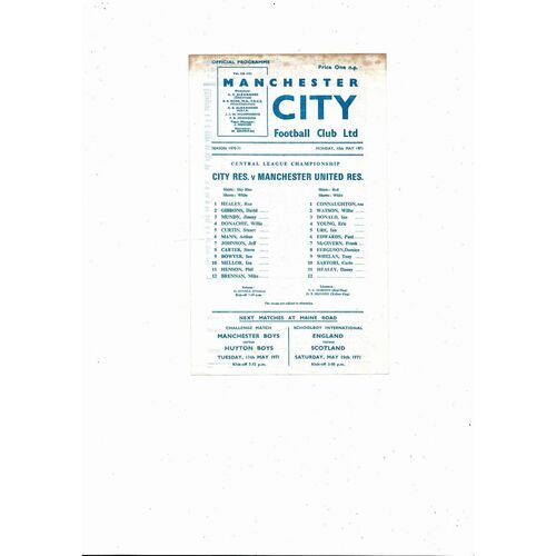 Manchester City v Manchester Unted Central League Football Programme 1970/71