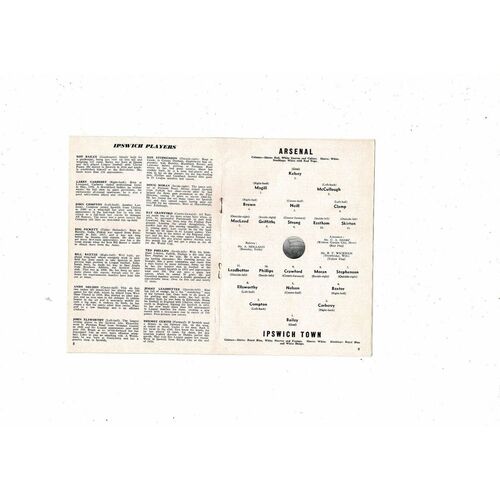 1961/62 Arsenal v Ipswich Town Football Programme