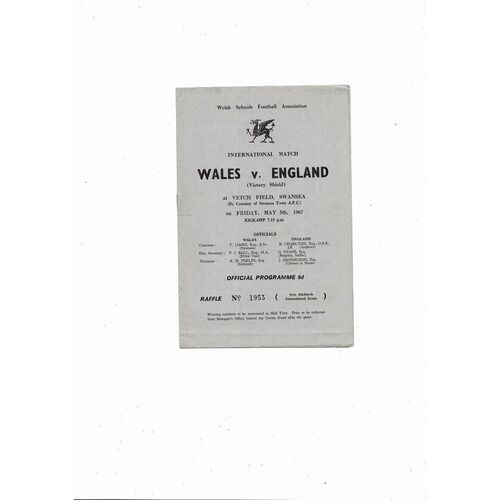 1967 Wales v England Schools International Football Programme @ Swansea