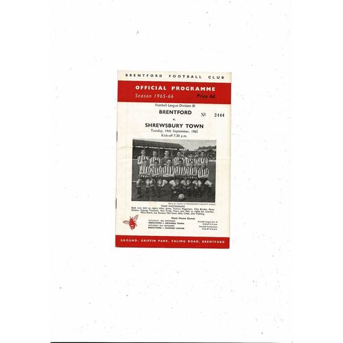 1965/66 Brentford v Shrewsbury Town Football Programme