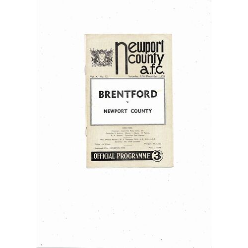 1959/60 Newport County v Brentford Football Programme