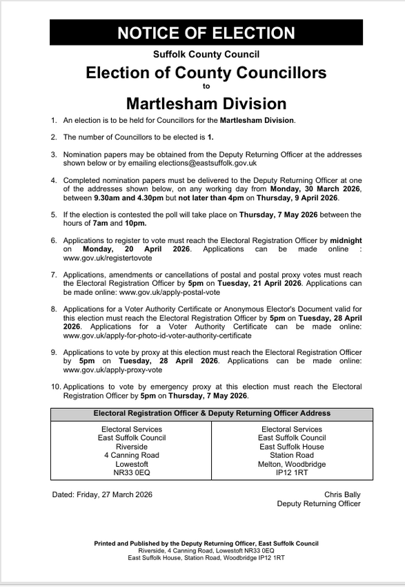 County Councillor Elections Notice. Martlesham Division