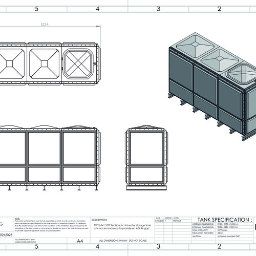 PW.3X1X1.5.TIF.AG - 5977 LITRE SECTIONAL WATER TANK, TOTALLY INTERNALLY FLANGED (TIF)