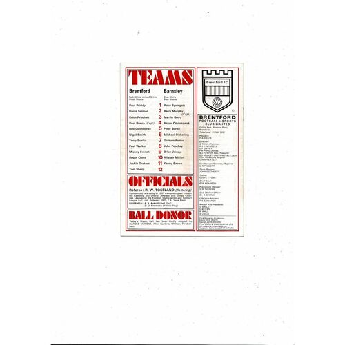 1976/77 Brentford v Barnsley Football Programme