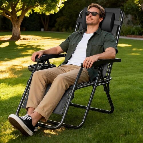 mcc direct Zero Gravity Reclining Chair Set of 1 – Folding Outdoor & Garden Chairs with Textilene Fabric, Cup Holder and Headrest Pillow – TEXTILENE
