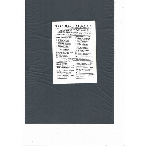 West Ham United v Shrewsbury Town SJF Cup Football Programme 1981/82