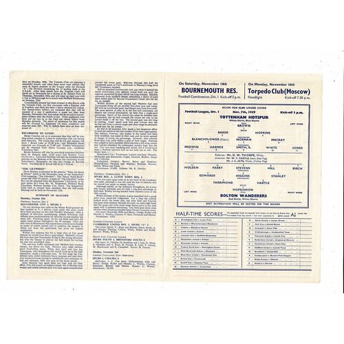 1959/60 Tottenham Hotspur v Bolton Wanderers Football Programme