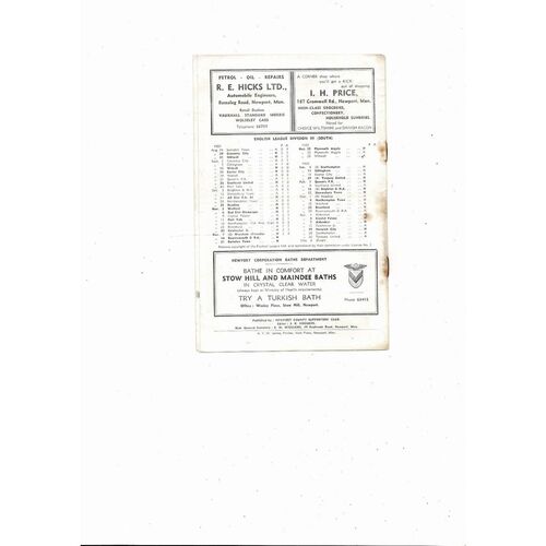 1957/58 Newport County v Bournemouth Football Programme