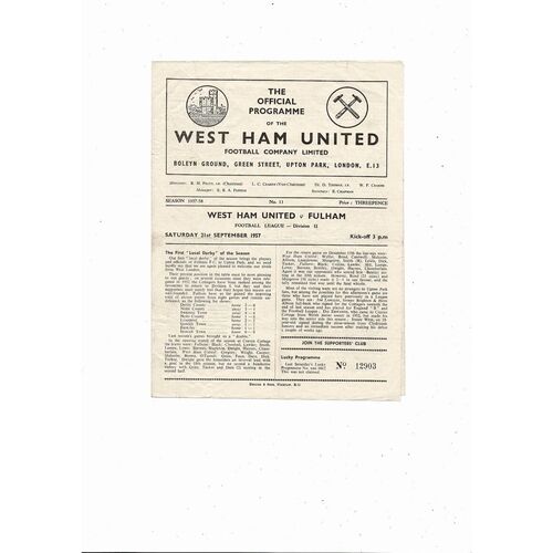 1957/58 West Ham United v Fulham Football Programme