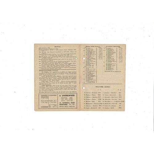 1947/48 Brentford v Millwall Football Programme