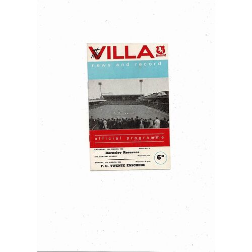 Aston Villa v F.C Twente Friendly & Barnsley Reserve Football Programme 1965/66